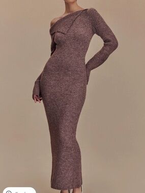 Meshki Off Shoulder Fluffy Knit Midi Dress in Magenta | M